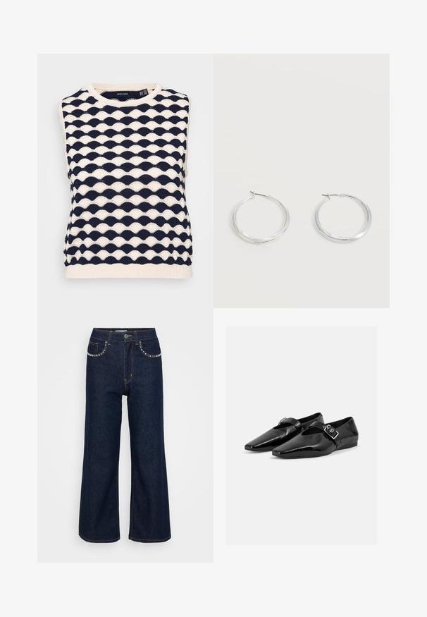 Pull-over sans manches en tricot bleu marine et crème avec un motif ondulé texturé. Encolure ronde et ourlet côtelé. Fabriqué en tissu tricoté doux.; Jean large bleu foncé en denim, avec taille haute, deux poches avant ornées de coutures décoratives et une fermeture à un bouton.; Paire de chaussures plates en cuir verni noir à bouts pointus avec une bride à boucle sur le dessus, montrée sur un fond clair uni.; Boucles d’oreilles créoles en métal argenté avec une surface lisse légèrement incurvée et des fermoirs à clapet sur un fond blanc uni.