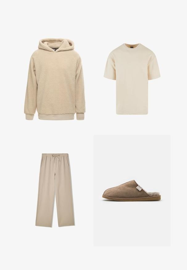 Beige Fleece-Hoodie mit strukturiertem Oberflächen, großem Kapuze und gerippten Bündchen und Saum. Bietet eine lockere Passform und lange Ärmel.; Beige Baumwoll-T-Shirt mit Rundhalsausschnitt, kurzen Ärmeln und geradem Schnitt. Glatte Textur und keine sichtbaren Muster oder Akzente.; Beige Hosen mit weitem Bein, elastischem Bund und Kordelzug, mit seitlichen Taschen, flach auf weißem Hintergrund ausgelegt.; Brauner Wildlederschuh mit einem weichen, cremefarbenen Fellfutter. Verfügt über ein abgerundetes, offenes Design und eine strukturierten Gummisohle.