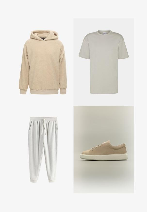 Beige Fleece-Hoodie mit strukturiertem Oberflächen, großem Kapuze und gerippten Bündchen und Saum. Bietet eine lockere Passform und lange Ärmel.; Helles graues Baumwoll-T-Shirt mit kurzen Ärmeln, Rundhalsauschnitt und lockerer Passform. Keine sichtbaren Muster oder Designs. Flache Nähte und normale Länge.; Hellgraue Fleece-Jogginghose mit elastischem Bund, Kordelzug, Seitentaschen und Bündchen an den Knöcheln.; Beiger Wildleder-Sneaker mit niedrigem Schaft, Schnürung vorne und dicker weißer Gummisohle auf neutralem Hintergrund.