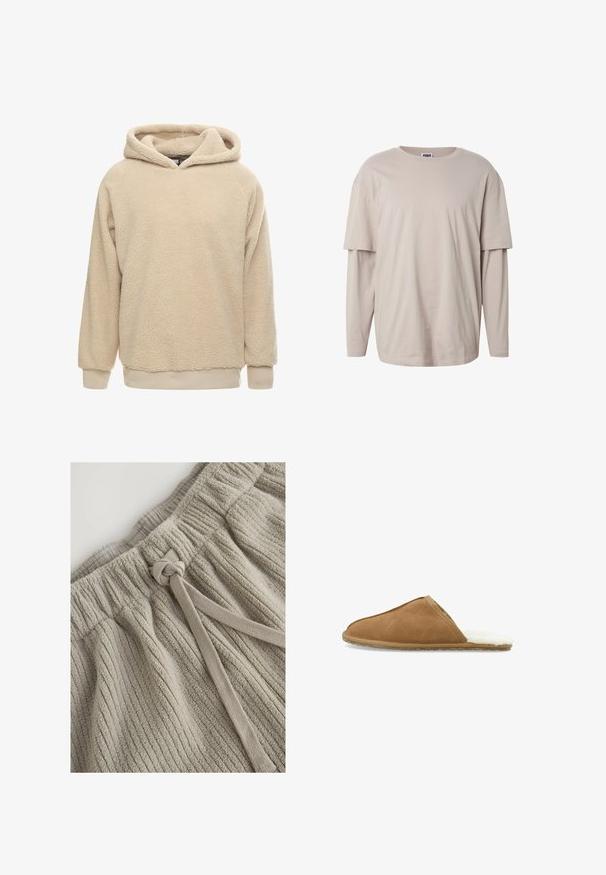 Beige fleece hoodie met een gestructureerde oppervlakte, grote capuchon en geribde manchetten en zoom. Heeft een losse pasvorm en lange mouwen.; Oversized beige gelaagde lange mouwen blouse met een kortere mouwlaag over de bovenarmen en een ronde halslijn.; Khaki katoenen shorts met een gestructureerd ribbelpatroon. Voorzien van een elastische tailleband en een stoffen strik voor aanpassing. Zacht, luxueus materiaal.; Bruine suède instapslof met een zachte witte nep bont voering, afgeronde neus en een gestructureerde zool voor grip. Eenvoudig ontwerp, zonder versieringen.