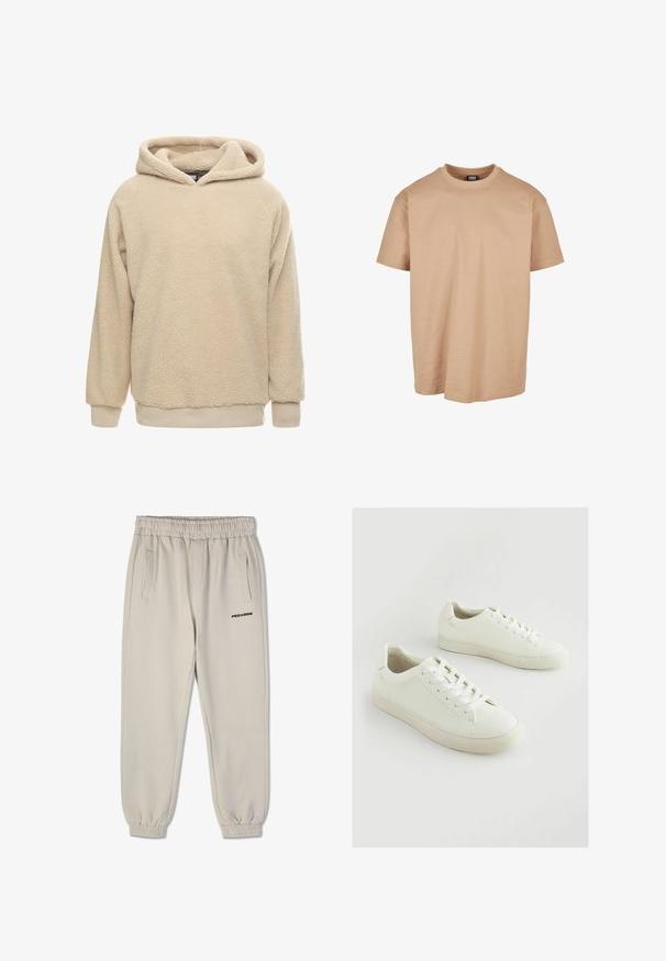 Beige fleece hoodie med en tekstureret overflade, stor hætte og ribbede manchetter og kant. Har en afslappet pasform og lange ærmer.; Beige bomulds t-shirt med rund hals, korte ærmer og en afslappet pasform; har en glat tekstur og et minimalistisk design.; Beige sweatpants med elastisk talje og manchetter, der har to sidelommer og et sort "PEGADOR" logo på venstre lår.; Hvide sneakers lavet af struktureret syntetisk materiale, med rund tå, snørelukning og en let forhøjet gummisål.