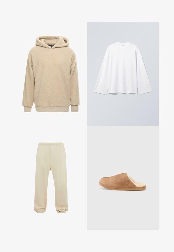 Beige fleece hoodie med en tekstureret overflade, stor hætte og ribbede manchetter og kant. Har en afslappet pasform og lange ærmer.; Hvid, langærmet rundhalset t-shirt med afslappet pasform, hængende mod en lys grå baggrund.; Beige sweatpants med elastisk talje, med cuffed afslutninger og en glat tekstur. Simpel, lige ben design uden mønstre eller udsmykninger.; Brun ruskind slip-on hjemmesko med cremefarvet blødt fleecefor og gummisål, vist i sideprofil på hvid baggrund.
