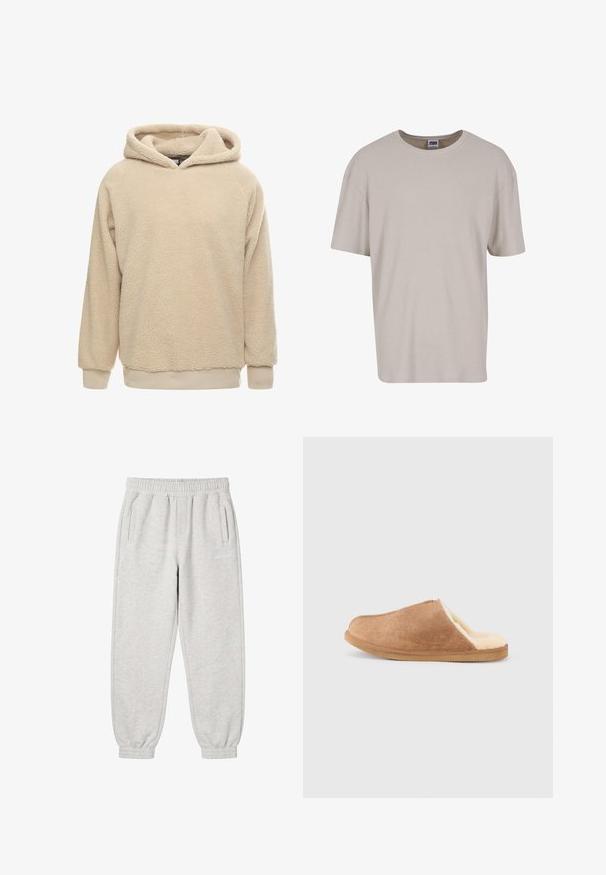 Beige Fleece-Hoodie mit strukturiertem Oberflächen, großem Kapuze und gerippten Bündchen und Saum. Bietet eine lockere Passform und lange Ärmel.; Hellbeige T-Shirt mit kurzen Ärmeln aus strukturiertem Stoff, mit Rundhalsausschnitt und lockerer Passform. Keine sichtbaren Muster oder Hardware.; Hellgraue Jogginghose mit elastischem Bund und Bündchen, zwei Seitentaschen und kleinem weißem Logo am rechten Oberschenkel.; Brauner Wildleder-Hausschuh zum Hineinschlüpfen mit cremefarbenem, weichem Fleece-Futter und Gummisohle, seitlich auf weißem Hintergrund gezeigt.