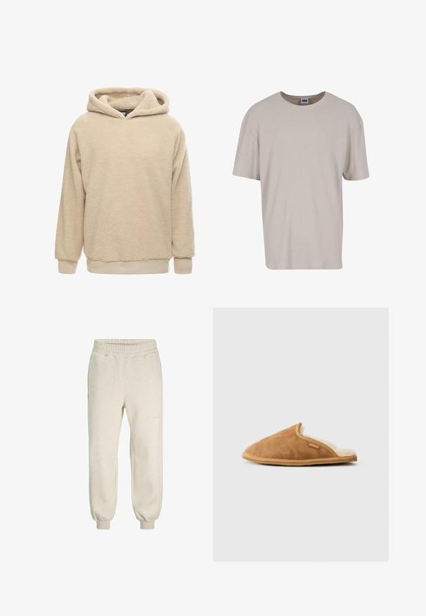 Beige fleece hoodie med en tekstureret overflade, stor hætte og ribbede manchetter og kant. Har en afslappet pasform og lange ærmer.; Lys beige kortermet t-shirt lavet af tekstureret stof, med rund halsudskæring og en løs pasform. Ingen synlige mønstre eller hardware.; Lys beige sweatpants lavet af blødt materiale, med elastisk talje, ribbede ankler og sidelommer. Enkel, udekoreret design.; Brune ruskinds-sko med en blød crème-foring, åben bagside og beige gummisål. Har et lille mærke på den øverste side.