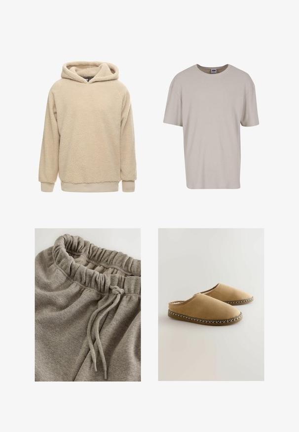 Beige fleece hoodie met een gestructureerde oppervlakte, grote capuchon en geribde manchetten en zoom. Heeft een losse pasvorm en lange mouwen.; Lichtbeige t-shirt met korte mouwen, gemaakt van gestructureerde stof, met een ronde halslijn en een losse pasvorm. Geen zichtbare patronen of hardware.; Grijze katoenen sweatpants met een elastische tailleband met een geplooide textuur en een koord voor verstelbaarheid. Glad, zacht stof.; Tan slippers van zacht materiaal met een gladde textuur. Ze hebben een gevlochten accent langs de zool en een open achterkant.