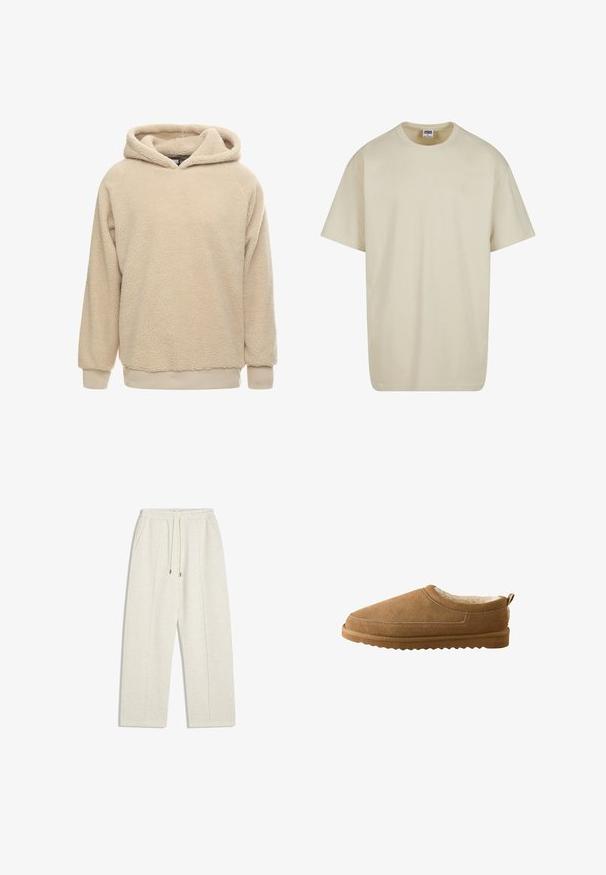 Beige fleece hoodie med en tekstureret overflade, stor hætte og ribbede manchetter og kant. Har en afslappet pasform og lange ærmer.; Lysebeige bomulds-T-shirt med korte ærmer, rund halsudskæring og løs pasform. Stoffet fremstår glat uden synlige mønstre eller accenter.; Lys beige, vide sweatpants lavet af blødt materiale. Har en elastisk talje med snor og sidelommer for funktionalitet.; Brune ruskinds slip-ons med blød cremefarvet inderside og tekstureret gummisål, set fra siden på en hvid baggrund.