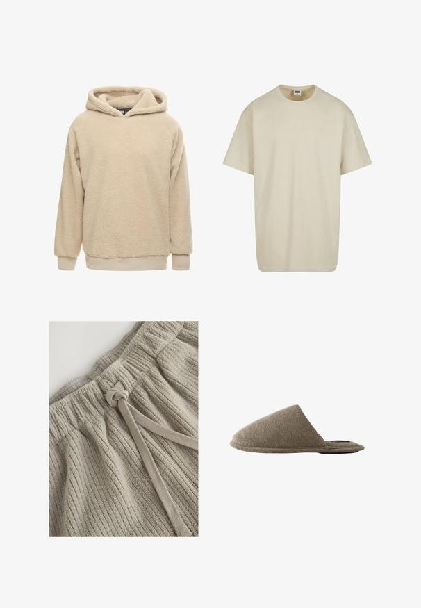 Beige fleece hoodie med en tekstureret overflade, stor hætte og ribbede manchetter og kant. Har en afslappet pasform og lange ærmer.; Lysebeige bomulds-T-shirt med korte ærmer, rund halsudskæring og løs pasform. Stoffet fremstår glat uden synlige mønstre eller accenter.; Kaki bomuldsshorts med et tekstureret ribbet mønster. Har en elastisk talje og en stofsnøre til justering. Blødt, luksuriøst materiale.; Enkelt brun lukket tåsko med blødt, struktureret stof og flad sål vist fra siden på hvid baggrund.