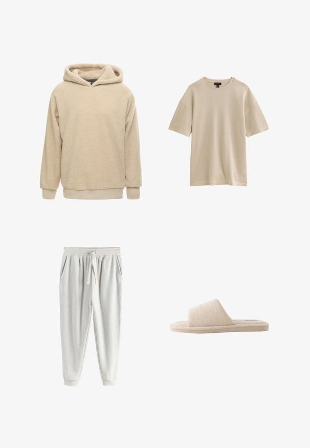Beige fleece hoodie met een gestructureerde oppervlakte, grote capuchon en geribde manchetten en zoom. Heeft een losse pasvorm en lange mouwen.; Beige geribde korte mouw T-shirt van gebreide stof met een ronde hals en een losse pasvorm, afgebeeld tegen een witte achtergrond.; Lichtgrijze fleece joggingsbroek met elastische tailleband, koordje, zijzakken en boorden bij de enkels.; Beige zachte stoffen open teen instap pantoffel met dikke zool en brede band over de bovenkant voor gebruik binnenshuis.