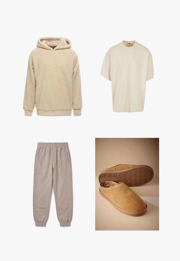 Beige fleece hoodie med en tekstureret overflade, stor hætte og ribbede manchetter og kant. Har en afslappet pasform og lange ærmer.; Cremefarvet t-shirt med korte ærmer, afslappet pasform og rund halsudskæring; lavet af blødt bomuld med subtile syningsdetaljer.; Beige joggingbukser med elastisk talje og manchetter, sidelommer og lille "PECADOR" logo på højre lår.; Brune ruskindstøfler uden snøring med blødt fleece-for og tekstureret gummisål, den ene tøffel viser sålen med "NEXT"-mærke.