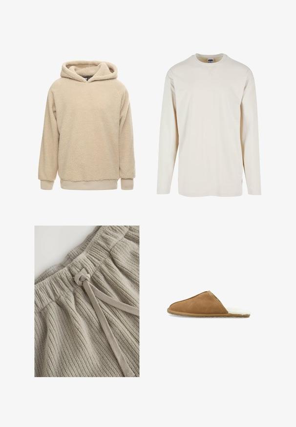 Beige Fleece-Hoodie mit strukturiertem Oberflächen, großem Kapuze und gerippten Bündchen und Saum. Bietet eine lockere Passform und lange Ärmel.; Langärmliges T-Shirt in Creme aus weicher Baumwolle, mit rundem Halsausschnitt und seitlichen Schlitzen für zusätzlichen Komfort. Minimalistisches Design, unifarbene Textur.; Kaki Baumwollshorts mit strukturiertem Rippenmuster. Verfügt über einen elastischen Bund und eine Stoffbindung zur Anpassung. Weiches, plüschiges Material.; Brauner Wildleder-Hausschuh zum Hereinschlüpfen mit weichem weißem Kunstfellfutter, abgerundetem Zehenbereich und strukturiertem Sohlenprofil für besseren Halt. Schlichtes Design, keine Verzierungen.