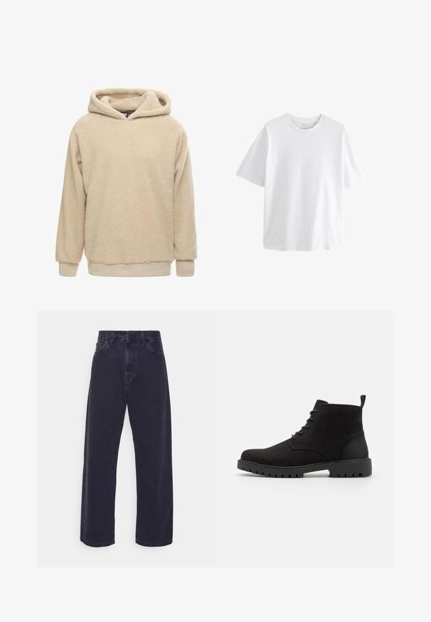 Beige fleece hoodie med en tekstureret overflade, stor hætte og ribbede manchetter og kant. Har en afslappet pasform og lange ærmer.; Hvid kortærmet T-shirt med rund hals og afslappet pasform, vist på hvid baggrund.; Mørk vaske denim jeans med en bred ben silhuet, høj talje og fem-lomme design. Har en klassisk knap- og lynlåslukning.; Sorte ruskind ankelstøvler med rund tå, snørelukning, gummisål med mønster og en løkke på hælen for nem påføring.