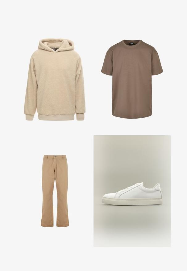 Beige fleece hoodie met een gestructureerde oppervlakte, grote capuchon en geribde manchetten en zoom. Heeft een losse pasvorm en lange mouwen.; Koffiekleurig t-shirt van katoen, met een ronde halslijn, korte mouwen en een relaxte pasvorm met een zachte textuur. Geen patronen of accenten.; Beige katoenen broek met een rechte snit, voorzien van een knoopsluiting, zijzakken en een gladde textuur.; Witte lage sneaker met veters aan de voorkant en dikke zool, zijaanzicht tegen een neutrale achtergrond.