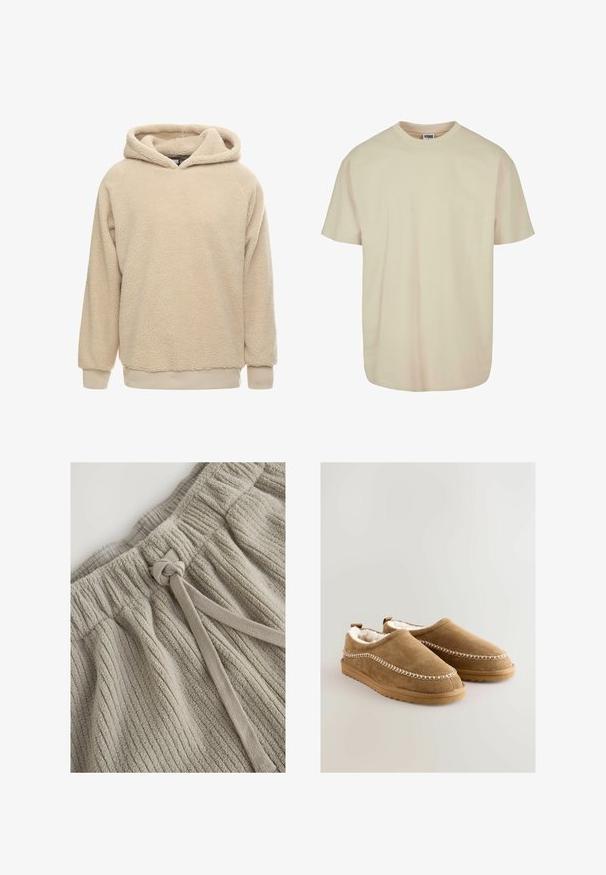 Beige Fleece-Hoodie mit strukturiertem Oberflächen, großem Kapuze und gerippten Bündchen und Saum. Bietet eine lockere Passform und lange Ärmel.; T-Shirt mit kurzen Ärmeln aus leichtem beigen Baumwollstoff, mit Rundhalsausschnitt, lässiger Passform und glatter Textur, ohne sichtbare Muster oder Akzente.; Kaki Baumwollshorts mit strukturiertem Rippenmuster. Verfügt über einen elastischen Bund und eine Stoffbindung zur Anpassung. Weiches, plüschiges Material.; Beige Wildleder Slipper mit weichem Kunstfellfutter, dekorativen weißen Nähten an den Seiten und rutschfesten Gummisohlen.