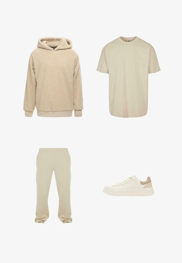 Beige Fleece-Hoodie mit strukturiertem Oberflächen, großem Kapuze und gerippten Bündchen und Saum. Bietet eine lockere Passform und lange Ärmel.; T-Shirt mit kurzen Ärmeln aus leichtem beigen Baumwollstoff, mit Rundhalsausschnitt, lässiger Passform und glatter Textur, ohne sichtbare Muster oder Akzente.; Beige Jogginghose aus weichem Baumwollgemisch, mit einem elastischen Bund und Bündchen, in lässigem Schnitt und glatter Textur.; Niedrig geschnittener Off-White-Sneaker mit dicker Sohle, Schnürung vorne und beigem Wildlederabsatz an der Ferse, seitlich gezeigt.