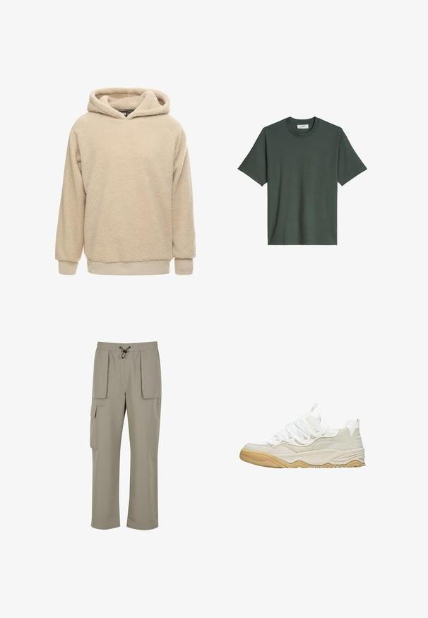 Beige fleece hoodie med en tekstureret overflade, stor hætte og ribbede manchetter og kant. Har en afslappet pasform og lange ærmer.; Enkel mørkegrøn T-shirt med korte ærmer og rund hals, normal pasform og en lille mærkeetiket inde i kraven.; Urban Classics TECHNICAL - Cargobukser - paleolive; Hvide sneakers med en overdel i blandede materialer med mesh og ruskindsstrukturer, gummisål og elastiske snørebånd for en sikker pasform.