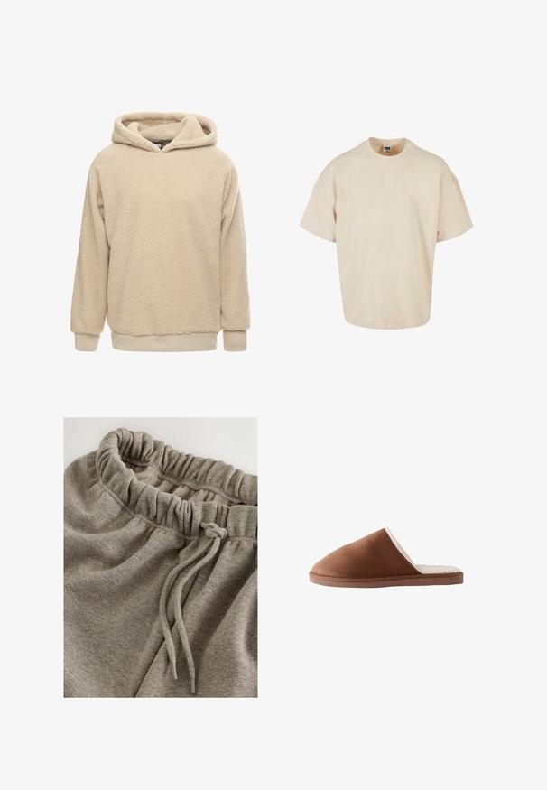 Beige fleece hoodie med en tekstureret overflade, stor hætte og ribbede manchetter og kant. Har en afslappet pasform og lange ærmer.; Beige oversized T-shirt, lavet af blødt bomuldsstof, med rund hals og korte ærmer samt en lige nederkant. Simpelt og minimalistisk design.; Grå bomulds joggingbukser med elastisk talje og rynket tekstur samt snøre til justering. Glat, blødt stof.; Brune ruskindssandal med en blød hvid pelsforing, der har et lukket tådesign og en flad, tekstureret sål.