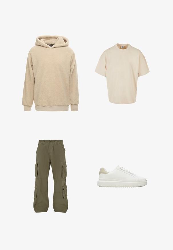 Beige fleece hoodie med en tekstureret overflade, stor hætte og ribbede manchetter og kant. Har en afslappet pasform og lange ærmer.; Beige oversized T-shirt, lavet af blødt bomuldsstof, med rund hals og korte ærmer samt en lige nederkant. Simpelt og minimalistisk design.; Cargo bukser i oliven grøn. Fremstillet af bomuld, med flere sidelommer, en lige skæring og synlige sømdetaljer.; Hvide sneakers lavet af glat læder med en tekstureret beige hælaccent, med runde snørebånd, et lavt profil design og en gummiydersål.