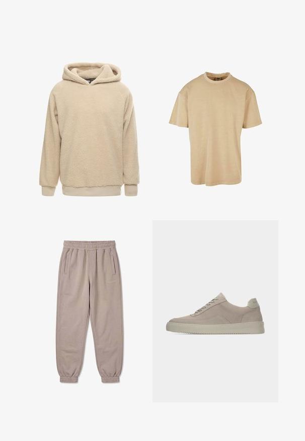 Beige Fleece-Hoodie mit strukturiertem Oberflächen, großem Kapuze und gerippten Bündchen und Saum. Bietet eine lockere Passform und lange Ärmel.; Urban Classics OVERSIZED GARMENT DYE TEE - T-Shirt basic - unionbeige; Beige Jogginghose mit elastischem Bund und Bündchen, Seitentaschen und kleinem "PECADOR"-Logo am rechten Oberschenkel.; Beige Wildledersneaker mit strukturierter Oberfläche, abgerundeter Zehenpartie und tonalen Schnürsenkeln. Verfügt über eine dicke Gummisohle und dezente Markenkennzeichnung an der Ferse.