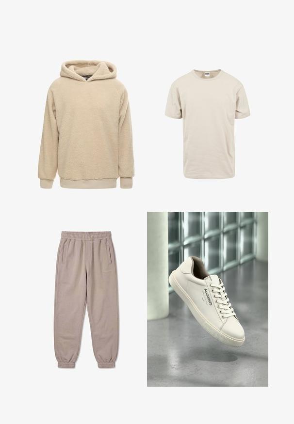 Beige fleece hoodie med en tekstureret overflade, stor hætte og ribbede manchetter og kant. Har en afslappet pasform og lange ærmer.; Beige bomulds t-shirt, korte ærmer, rund halsudskæring, afslappet pasform. Glat tekstur med et enkelt, udekoreret design.; Beige joggingbukser med elastisk talje og manchetter, sidelommer og lille "PECADOR" logo på højre lår.; Hvid AllSaints sneaker med snørebånd, logo og japansk tekst hængende over en poleret betongulv med frostede glasblokke i baggrunden.