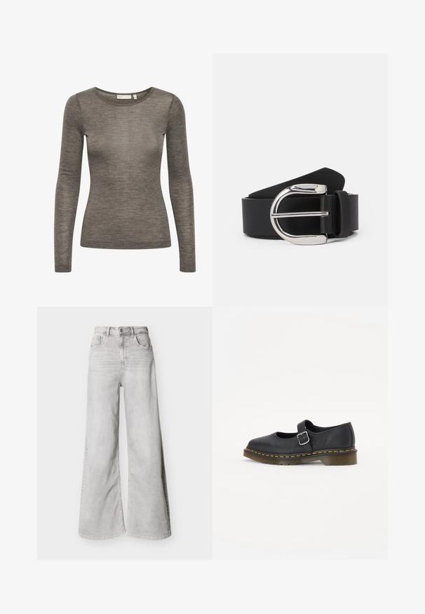 Chemise à manches longues en tissu brun léger et doux. Dotée d'un col rond et d'une silhouette ajustée. Texture subtile avec un petit détail de logo.; Jeans larges gris clair en jean, avec une taille haute, des poches avant et une fermeture à boutons. Texture lisse avec un léger aspect délavé.; Chaussures Mary Jane en cuir noir avec un bout rond, boucle ajustable, coutures jaunes et une semelle en caoutchouc brun épaisse.; Ceinture en cuir noir avec une boucle en métal argenté, présentant une texture lisse et un design classique. La sangle mesure 3,8 cm de large.