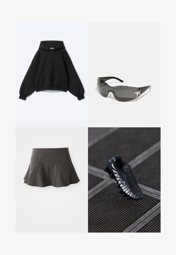 Sudadera negra con mangas largas abullonadas, bolsillo canguro y una etiqueta en el interior del escote sobre un fondo claro liso.; Falda negra acampanada con una cintura ajustada, que presenta costuras verticales y una textura suave. El dobladillo es ligeramente curvado y queda por encima del muslo.; Zapatilla deportiva negra con parte superior de malla texturizada, acentos plateados, soporte para el arco y suela acolchada con un diseño segmentado distintivo.; Gafas de sol negras con diseño envolvente, lentes oscuros, acentos brillantes en forma de estrella y almohadillas nasales ajustables.