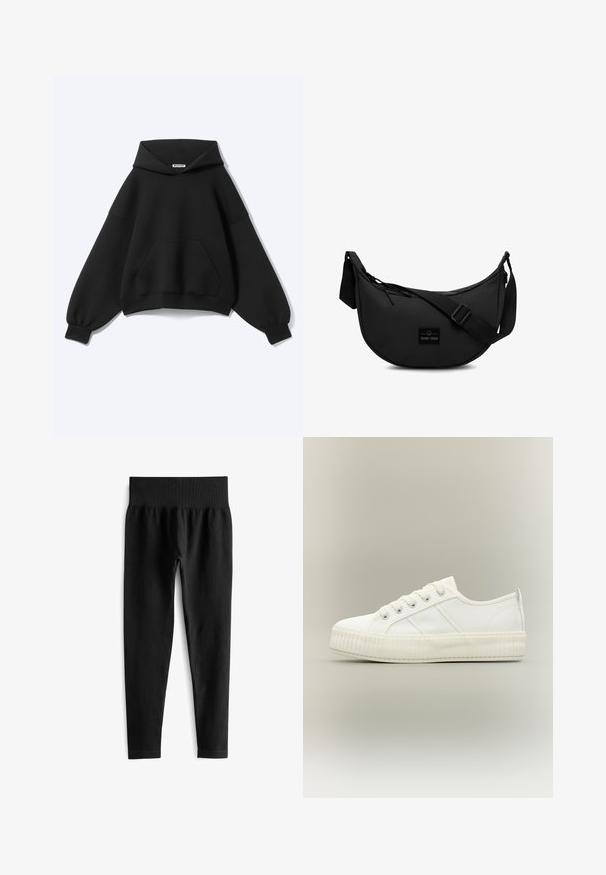 Schwarzer Hoodie mit langen Puffärmeln, Kängurutasche und einem Etikett innen am Halsausschnitt vor hellem einfarbigem Hintergrund.; Schwarze, gerippte Leggings mit einem breiten, elastischen Bund. Der Stoff wirkt dehnbar und strukturiert und endet knapp über dem Knöchel.; Weißer Sneaker mit niedrigem Schaft, dicker gerippter Sohle, Schnürung vorne und Zuglasche an der Ferse vor neutralem Hintergrund.; Schwarze, halbmondförmige Schultertasche mit verstellbarem Trageriemen und vorderem Etikett mit der Aufschrift Johnny Urban, auf weißem Hintergrund dargestellt.