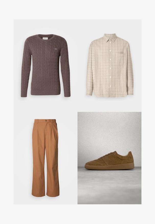 Brun kabelstrikket sweater med rund hals, lange ærmer og rib kant i ærmerne og kanten. Har et lille broderet logo på brystet.; Button-up skjorte i lys beige, med et ternet mønster, lange ærmer, en brystlomme og et almindeligt kravedesign.; Bukser med vide ben i et varmt brunt stof, med frontknaplukning, diskrete folder og en lige pasform for en afslappet komfort.; Brun ruskindsneaker med tanfarvede snørebånd og gummisål. Har en rundet snude og synlige stikninger på overdelen. Letvægtsdesign.