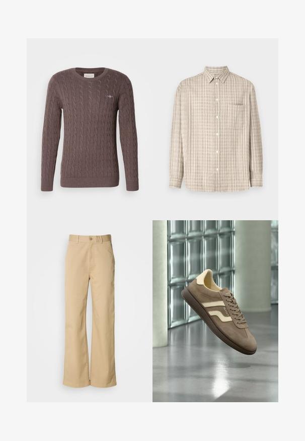 Bruine kabelgebreide trui met een ronde hals, lange mouwen en geribbelde manchetten en zoom. Bevat een klein geborduurd logo op de borst.; Knoopshirt in lichtbeige, met een geruit patroon, lange mouwen, een borstzak en een normaal kraagontwerp.; Beige, wijde broek gemaakt van een katoenmix. Voorzien van een knoopsluiting en riemlussen. Soepele textuur, met minimale stikseldetails.; Bruine suède sneaker met crèmekleurige accenten en donkere rubberen zool zwevend binnen tegen een glazen muur en betonnen zuilen.