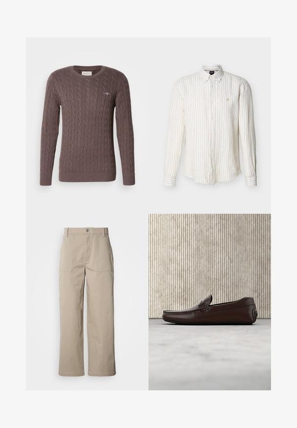 Bruine kabelgebreide trui met een ronde hals, lange mouwen en geribbelde manchetten en zoom. Bevat een klein geborduurd logo op de borst.; Beige en witte blouse met verticale strepen, lange mouwen, een kraag en een klein geborduurd logo op de linkerborst.; Beige wijde broek van katoen; voorzien van voorzakken met klep, een knoopsluiting en zichtbare stiknaden langs de zoom.; Bruine lederen instappers met een gladde afwerking, moccasin-stijl stiksels, een verhoogde neus en een lage, flexibele rubberen zool.