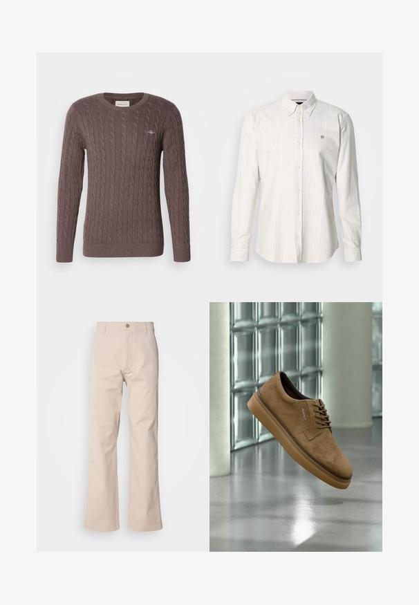 Pull en tricot brun avec un col rond, des manches longues et des poignets et un ourlet côtelés. Présente un petit logo brodé sur la poitrine.; Chemise à manches longues rayée en beige clair et blanc. Dotée d'un col boutonné, de boutons sur le devant et d'un petit logo sur la poitrine.; Pantalon en coton beige avec une coupe droite, doté d'une fermeture à bouton, de poches avant et de détails de couture minimaux.; Chaussure décontractée marron en daim à lacets avec semelle en caoutchouc, montrée en suspension au-dessus d'un sol en béton poli près d'un mur en blocs de verre et d'une colonne.