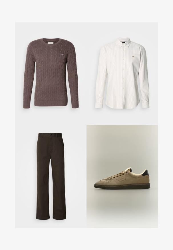 Brun kabelstrikket sweater med rund hals, lange ærmer og rib kant i ærmerne og kanten. Har et lille broderet logo på brystet.; Langærmet skjorte med striber i lysebeige og hvid. Den har krave med knapper, knaplukning foran og et lille logo på brystet.; Brune bomuldsbukser med lige ben, der har knaplukning, bæltestropper og minimale syninger.; Low-top beige ruskind sneaker med mørkebrun sål, perforeret tå, snørelukning foran og sort hælklap.