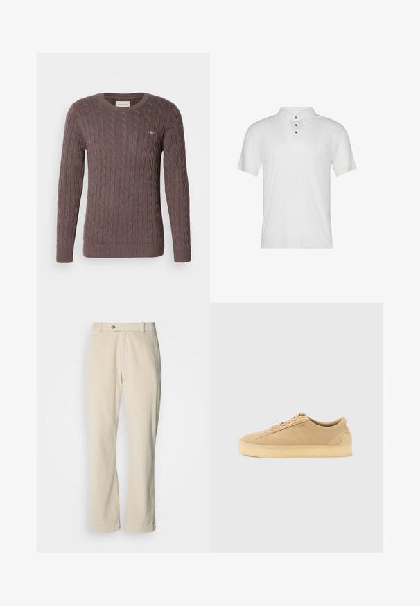 Bruine kabelgebreide trui met een ronde hals, lange mouwen en geribbelde manchetten en zoom. Bevat een klein geborduurd logo op de borst.; Wit poloshirt van katoen met korte mouwen, een kraag en drie zwarte knopen aan de voorkant. Soepele textuur met minimale branding.; Beige corduroy broeken met een knoop- en ritssluiting, riemlussen en rechte pijpen op een witte achtergrond.; Beige suède lage sneaker met dikke gumzool, vetersluiting aan de voorkant en subtiele zijkant branding op een effen lichtgrijze achtergrond.