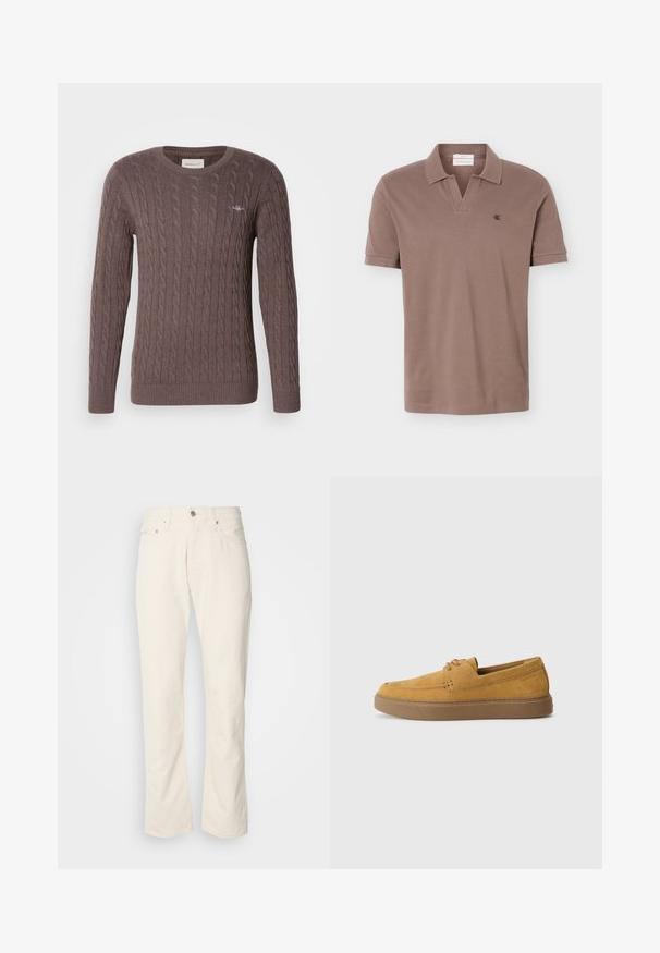 Pull en tricot brun avec un col rond, des manches longues et des poignets et un ourlet côtelés. Présente un petit logo brodé sur la poitrine.; Polo marron à manches courtes avec col ouvert et petit logo noir "ck" sur le côté gauche de la poitrine, sur un fond uni.; Jeans en coton beige avec un design classique à jambe droite, comportant une fermeture à bouton à l'avant, cinq poches et des détails de couture subtils.; Chaussures slip-on en suède marron avec une finition texturée, un bout rond et une semelle en caoutchouc contrastante. Présente une marque discrète près du talon.