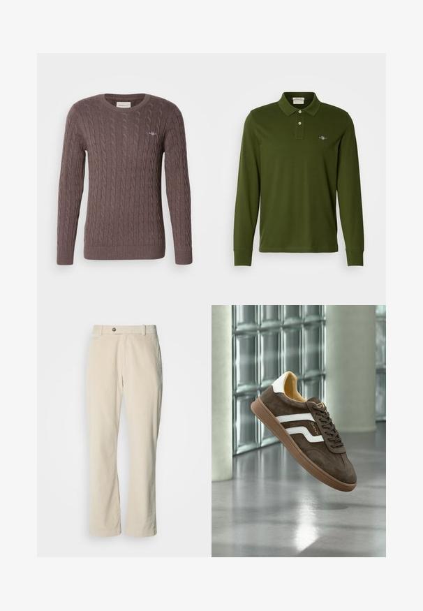 Brun kabelstrikket sweater med rund hals, lange ærmer og rib kant i ærmerne og kanten. Har et lille broderet logo på brystet.; Grøn langærmet polo t-shirt med krave, to-knap lukning og et lille logo på venstre bryst. Glat bomuldsstof.; Beige kordfløjlsbukser med knap- og lynlåslukning, bæltestropper og lige ben på en hvid baggrund.; Brun ruskind sneaker med hvide sidelister og en gummisål, vist svævende indendørs på en poleret betongulv nær glassten.