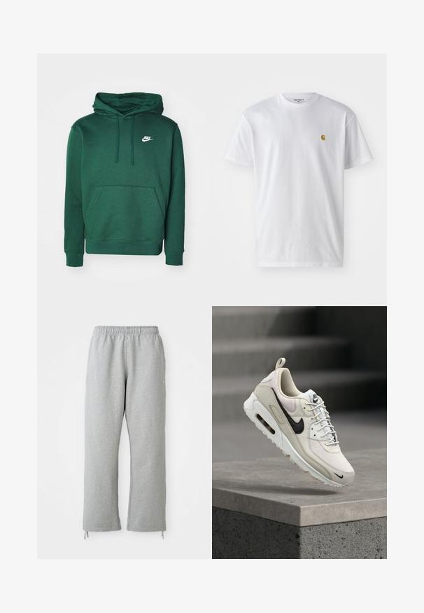 Grøn hættebluse lavet af en blanding af bomuld, med en kængurulomme og et lille hvidt Nike-logo på brystet. Blød tekstur.; Hvid bomulds t-shirt med korte ærmer, rund hals og et lille guld logo på venstre brystområde. Blød tekstur og almindelig pasform.; Grå sweatpants med elastisk talje, lige ben og snoretræk ved kanten. Fremstillet af blødt, struktureret stof.; Beige og hvid Nike Air Max sneaker med sort swoosh-logo, hvide snørebånd og synligt Air-cushioning-sål, der hviler på en betonblok.