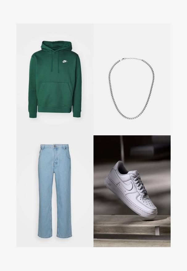 Grøn hættebluse lavet af en blanding af bomuld, med en kængurulomme og et lille hvidt Nike-logo på brystet. Blød tekstur.; Lysblå denim jeans med lige ben design, der har knaplukning, bæltestropper og to forlommer.; Hvid læder Nike Air Force 1 sneaker med perforeret tå, flade snørebånd og tekstureret gummisål med "AIR" branding på siden.; Fossil JEWELRY NECKLACE - Halskæder - silver-coloured