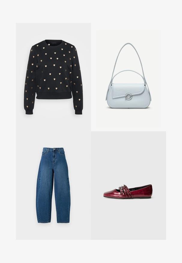 Sweatshirt noir au design court et à encolure ronde, ornée de motifs de cœurs dorés disposés uniformément sur le devant et les manches.; Jean en denim de teinte bleu moyen, présentant une taille haute, une coupe large et un design standard à cinq poches avec des détails de coutures visibles.; Chaussure plate bourgogne brillante à bout pointu et trois straps décoratifs avec boucles et œillets en métal sur le côté.; Sac à main en cuir bleu clair avec rabat arrondi, fermoir circulaire argenté et deux bretelles d'épaule sur un fond uni.