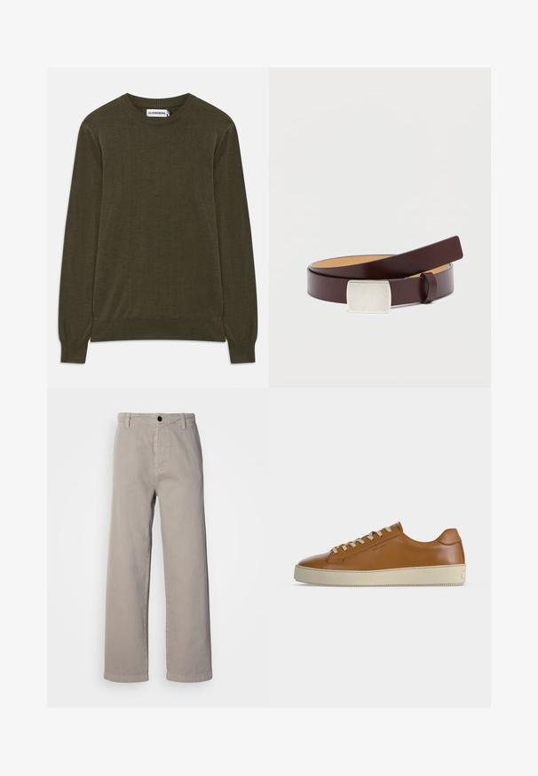 Donkergroene sweater met lange mouwen en geribbelde manchetten en onderkant. Gemaakt van zacht materiaal, met een klassieke ronde hals en een minimalistisch ontwerp.; Beige wijde broek van zachte katoen, met een knoopsluiting en riemlussen. Glad textuur met een schoon, minimaal ontwerp.; Lage bruine leren sneaker met crèmekleurige veters en dikke crèmekleurige rubberen zool, zijaanzicht op witte achtergrond.; Bruine leren riem met een rechthoekige zilveren gesp, gladde textuur en een contrasterende lichtere binnenvoering. Eenvoudig, klassiek ontwerp.