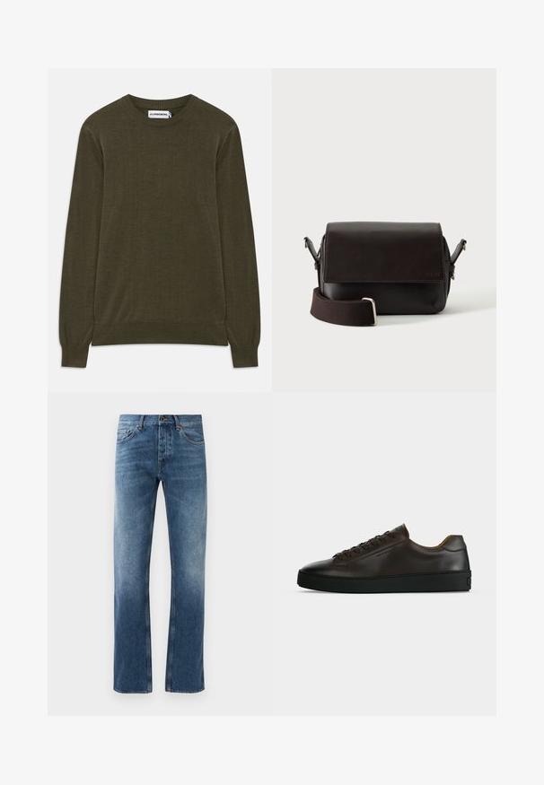 Suéter de manga larga en verde oscuro, con puños y dobladillo acanalados. Fabricado en material suave, presenta un cuello de barco clásico y un diseño minimalista.; Pantalones vaqueros de denim azul con un diseño de pierna recta, lavado desgastado, cinco bolsillos y costuras en contraste. Cierre de botón y cremallera en la cintura.; Zapatilla de perfil bajo de cuero marrón oscuro con suela de goma negra, cierre de cordones y diseño liso y minimalista sobre un fondo claro.; Bolso bandolera de cuero marrón oscuro con cierre de solapa y correa de tela ajustable sobre fondo blanco.