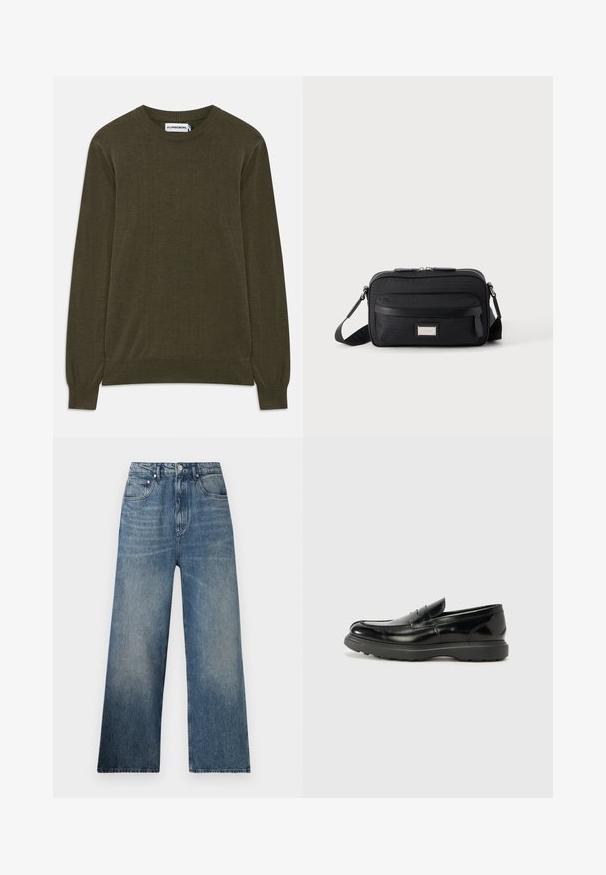 Donkergroene sweater met lange mouwen en geribbelde manchetten en onderkant. Gemaakt van zacht materiaal, met een klassieke ronde hals en een minimalistisch ontwerp.; Blauwe denim wijdgerande jeans met een hoge taille, voorzien van subtiele vervaging, vijf zakken en een metalen knoopsluiting aan de voorkant.; Zwarte leren instapper met een glanzende afwerking, een ronde neus, subtiele stiksels en een dikke rubberen zool voor duurzaamheid.; Zwarte rechthoekige crossbodytas met voorvak met ritssluiting, verstelbare schouderband en zilveren rechthoekige logo-plaat op effen achtergrond.