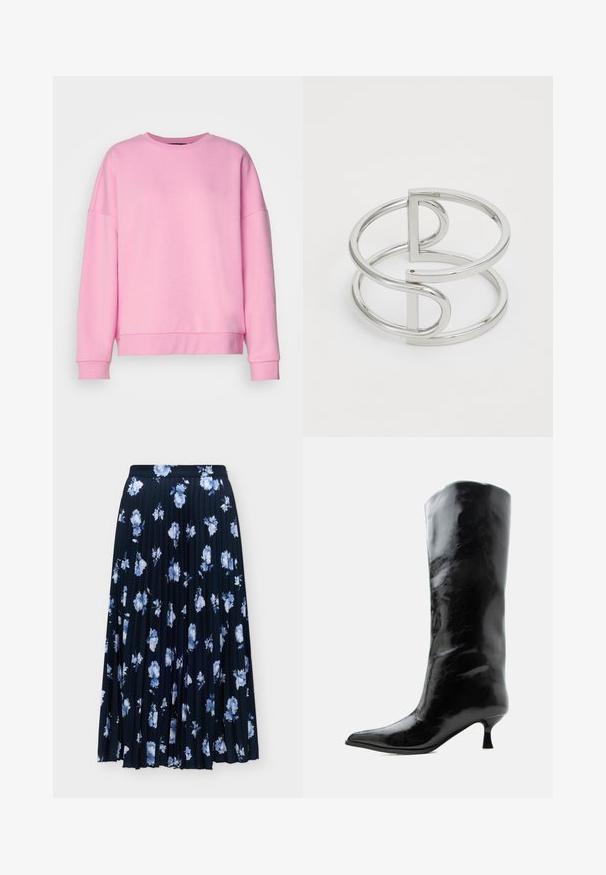 Vero Moda VMBEA - Sweater - bonbon; Marineblauwe geplooide midirok met verspreide lichtblauwe en witte bloemenprint en een aansluitende tailleband.; Zwarte glanzende kniehoge leren laars met puntige neus en lage gebogen hak op een effen lichte achtergrond.; Zilveren metalen armband met een dubbel-lusontwerp, voorzien van een gladde, glanzende afwerking en een minimalistisch geometrisch accent.