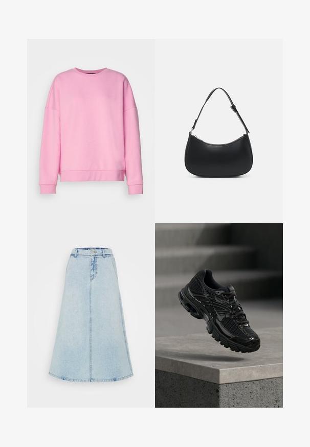 Vero Moda VMBEA - Sweater - bonbon; Een lichtblauwe denim midi-rok, met een uitlopende vorm, een tailleband met riemlussen en zichtbare stiksels langs de naden.; Zwarte Nike hardloopschoen met mesh en synthetische bovenkant die boven een betonnen oppervlak en trappen op de achtergrond zweeft.; Pieces PCALUANA SHOULDER BAG - Handtas - black