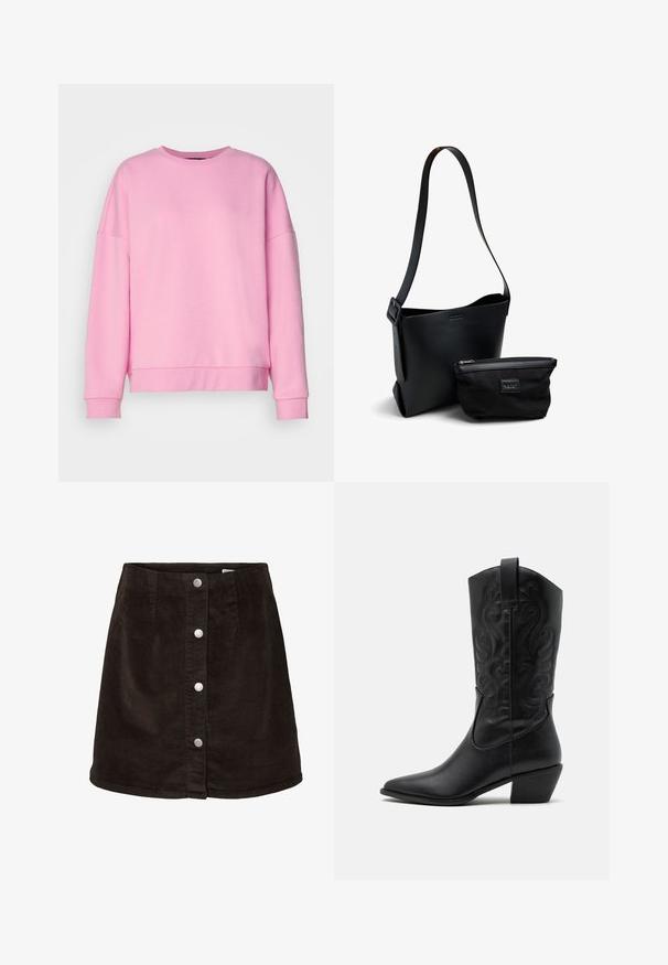 Vero Moda VMBEA - Sweatshirt - bonbon; Jupe en velours côtelé marron foncé en forme de A avec cinq boutons-pression argentés sur le devant et une légère évasement à l'ourlet.; Bottes de cowboy en cuir noir avec un bout pointu, des motifs en relief en spirale et un talon de hauteur moyenne. Équipées d'une languette pour un enfilage facile.; Sac seau en cuir noir avec bandoulière réglable, accompagné d'une petite pochette noire zippée, sur fond blanc.