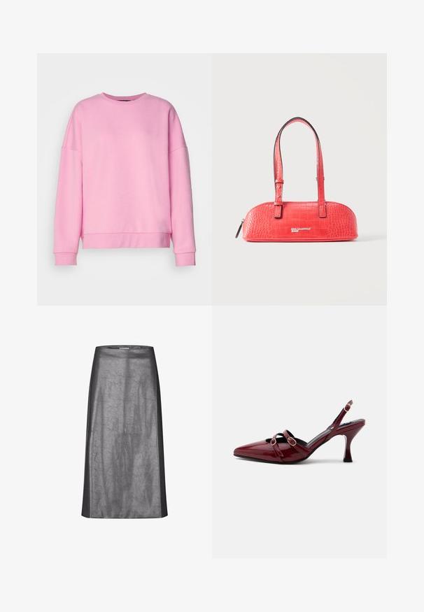 Vero Moda VMBEA - Φούτερ - bonbon; Γκρι pencil φούστα από γυαλιστερό, υφασμάτινο ύφασμα με υφή. Διαθέτει ίσια σιλουέτα και μήκος πάνω από το γόνατο. Χωρίς εμφανή κουμπώματα.; Γυαλιστερό μπορντό γόβα στιλέτο με περικάρπιο, δύο λεπτές λουρίδες και μικρές χρυσές αγκράφες μπροστά και στον αστράγαλο.; Μικρό κόκκινο τσάντα με ανάγλυφη υφή κροκό, δύο λαβές, κλείσιμο με φερμουάρ και λογότυπο "Karl Lagerfeld Jeans" μπροστά.