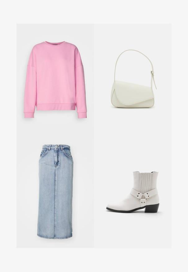 Vero Moda VMBEA - Sweatshirt - bonbon; Lyseblå denim midi-nederdel med en tætsiddende talje, forstænk og sidelommer; har en let falmet tekstur.; Hvide læder ankelstøvler med en let spids tå, rynket rygdetalje og en bred rem med spændehardware over anklen.; Hvid taske i faux læder med en struktureret trekantet form, enkelt justerbart skulderstrop og en flaplås med kurver.