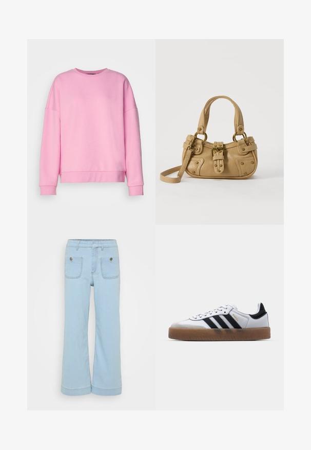 Vero Moda VMBEA - Sweater - bonbon; Lichtblauwe jeans met een wijde pijpdesign, voorzien van twee voorzakken en twee achterzakken, gemaakt van denim met zichtbare stikselaccenten.; Witte leren sneakers met zwarte strepen, gumrubberen buitenzool, ronde neus, vetersluiting en een zachte grijze suède neuskap.; Beige leren handtas met dubbele handvatten, messing gesps en klinknagel details, en een verstelbare schouderriem tegen een witte achtergrond.
