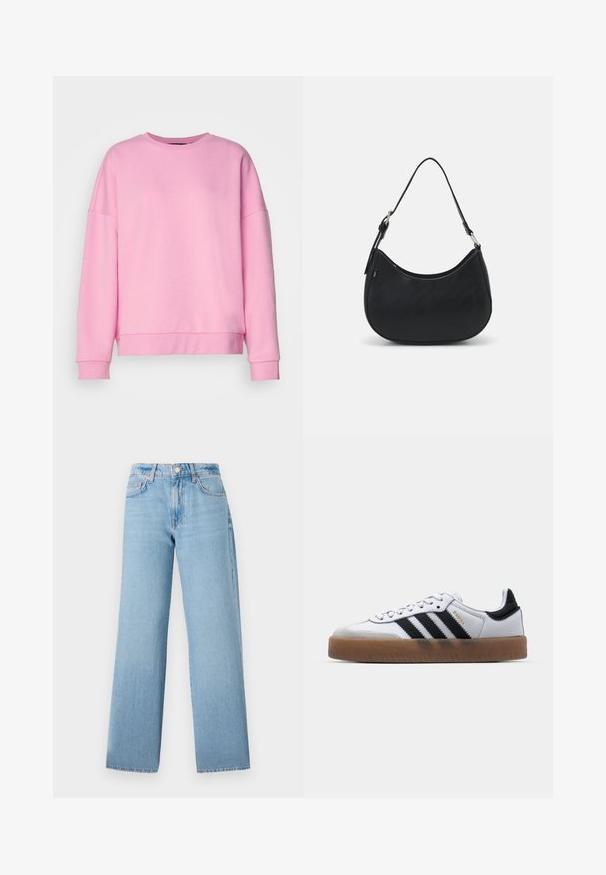 Vero Moda VMBEA - Sweatshirt - bonbon; Helle blaue weit geschnittene Jeans aus Denim, mit hoher Taille, fünf Taschen und einem Knopfverschluss mit Reißverschluss.; Weiße Leder Sneakers mit schwarzen Streifen, Gummigummi-Außensohle, runder Zehenform, Schnürverschluss und weichem grauem Wildleder-Zehenkappe.; Schwarze Hobo-Tasche aus glattem Leder mit einer geschwungenen Silhouette, ausgestattet mit einem einzelnen verstellbaren Trageriemen und minimalistischem Design.