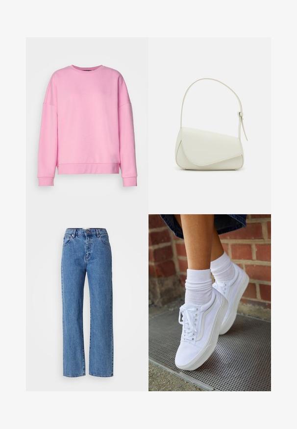 Vero Moda VMBEA - Sweatshirt - bonbon; Jean droit bleu clair en denim, avec taille haute, design à cinq poches et couture contrastante. Finition de l'ourlet propre.; Baskets en toile blanches avec semelles en caoutchouc, dotées de six œillets, d'un bout rond et de détails de couture légers, portées avec des chaussettes blanches mi-mollet.; Sac à main en cuir synthétique blanc avec une forme triangulaire structurée, une bandoulière unique réglable et un rabat à courbes accentuées.