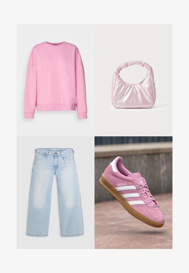 Vero Moda VMBEA - Sweatshirt - bonbon; Helle blaue weite Jeans aus Denim. Mit geradem Schnitt, Fünf-Taschen-Design und einem Knopfverschluss am Bund.; Rosa Wildleder-Sneaker mit weißem Drei-Streifen-Design und Logo. Verfügt über eine strukturierte Zehenpartie und eine Gummisohle. Modellname "Gazelle" ist an der Seite aufgedruckt.; Rosa, gepolsterte Handtasche mit abgerundeter Form, aus glänzendem Material gefertigt. Verfügt über einen gerafften Griff und einen Reißverschluss für sicheren Zugang.