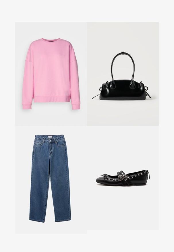 Vero Moda VMBEA - Sweatshirt - bonbon; Klassische blaue Denim-Jeans mit geradem Bein, fünf Taschen und Knopfverschluss. Sie verfügen über eine mittelblau gewaschene Optik und sind aus robuster Textur.; Schwarzer flacher Ballettschuh mit doppelten Schnallenriemen, silbernen Ösen und einer kleinen Schleife nahe der abgerundeten Spitze auf weißem Hintergrund.; Kleine schwarze glänzende Handtasche mit zwei langen Griffen und seitlichen Kordelzug-Details vor einfachem hellem Hintergrund.